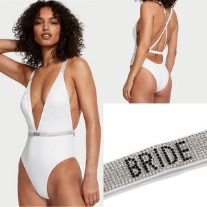 Victoria’s Secret White Bling Bride White Strappy One Piece Bikini Swimsuit NWT